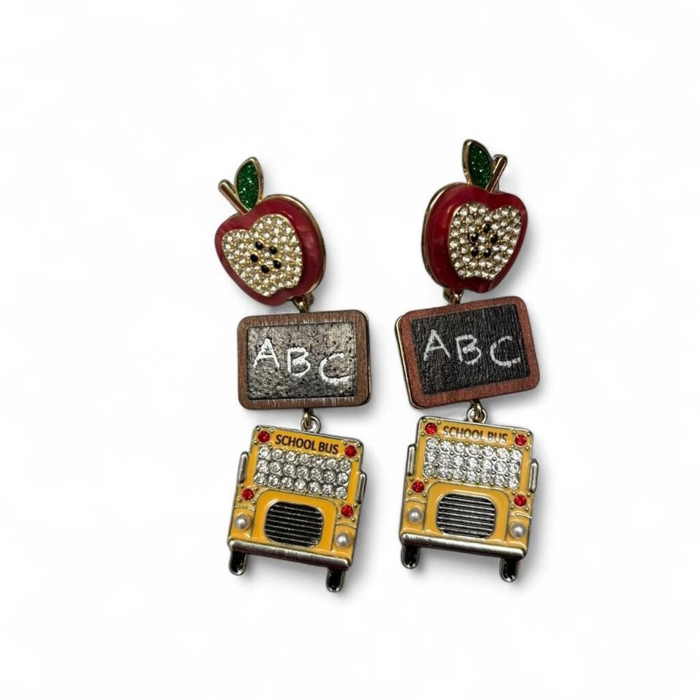School Themed Earrings with Apple and Bus